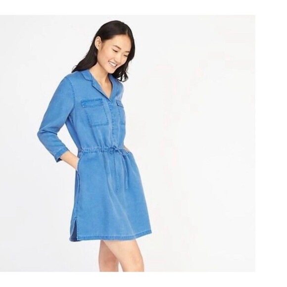 Old Navy Dresses & Skirts - Old Navy dress xxl  2xl Button Front tie waist Tencel Shirt Dress blue fortune